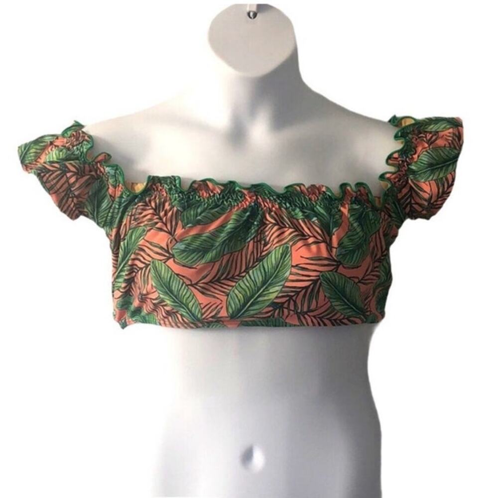 ModCloth High Dive Tropical Swim Top XL Green Pink Cropped Capped Sleeve Retro